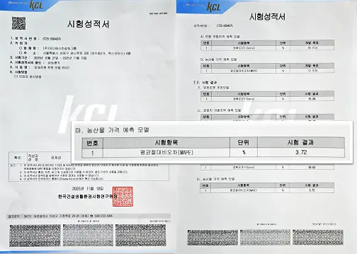 농산물 가격 예측 모델 KOLAS 시험 성적서